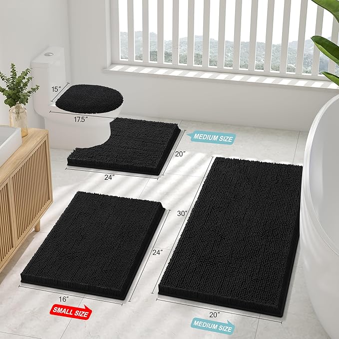 Smiry Luxury Chenille Bathroom Rugs 40x24, Extra Soft and Absorbent Shaggy Bath Mat, Machine Washable, Non-Slip Plush Carpet Runner for Tub, Shower, and Floor, Home Decor Accessories, Black