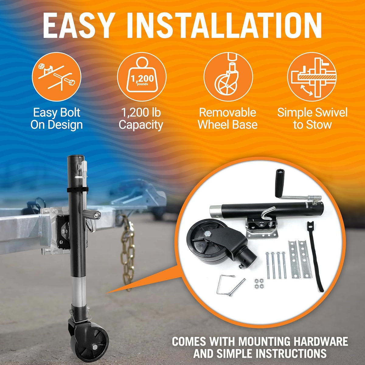 Better Boat Boat Trailer Jack - Heavy Duty Folding Tongue Jack with Wheel | 1200 lb Capacity
