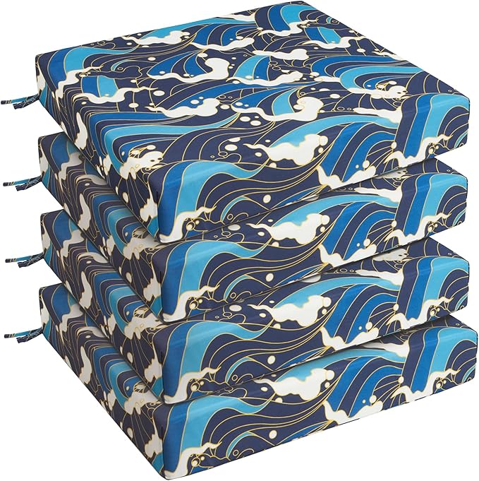 UNIKOME Outdoor Chair Cushions Pack of 4, Water Resistant Patio Cushions with Ties, High Density Sponge Filling Square Corner Seat Cushions for Outdoor Furniture, 24"*24"*4", Blue/Waves