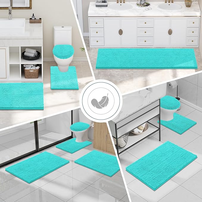 Smiry Luxury Chenille Toilet Rugs U-Shaped 24x24, Soft Absorbent Non-Slip Contour Bathroom Rugs for Toilet, Machine Washable Contoured Bath Mats, Turquoise