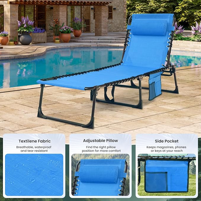 Outdoor Folding Chaise Lounge 5-Position Adjustable Recliner 400LB Heavy Duty Portable Patio Camping Beach Chair, Blue