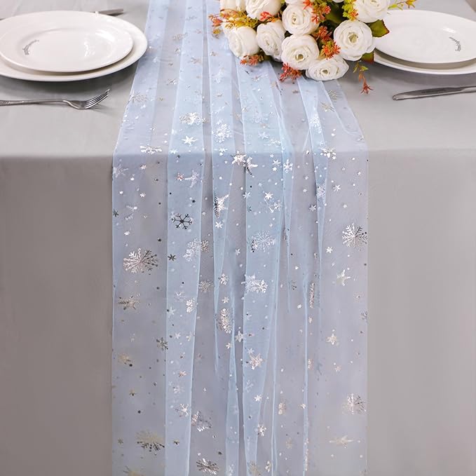 Snowkingdom Silver Snowflake Christmas Table Runner, 10ft Light Blue Silver Glitter Snowflakes Sheer Tulle Gauze Winter Table Runner for Seasonal Holidays, Wedding, Party, Home Dining Decoration