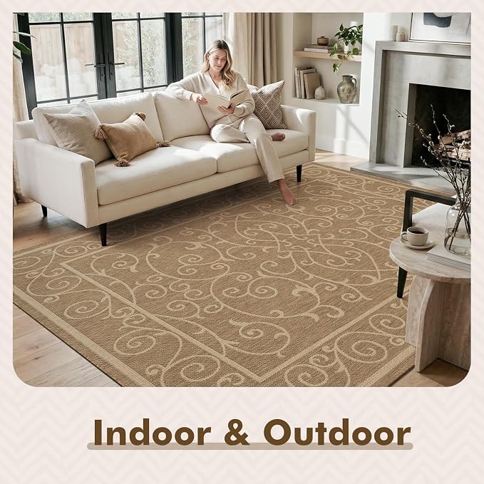 MontVoo-Outdoor Rug-Patio Rug 6x9 ft Polypropylene Indoor Outdoor Rugs Outdoor Carpet for Patio Deck Balcony Porch, Textured Weave, Durable for High Traffic, Fade-Resistant, Vintage Neutral Brown