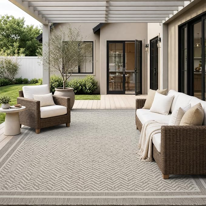 MontVoo-Outdoor Rug-Patio Rug 8x10 Polypropylene Indoor Outdoor Rugs Outdoor Carpet for Patio Deck Balcony Porch, Textured Weave, Durable for High Traffic, Fade-Resistant, Boho Farmhouse Silver Grey