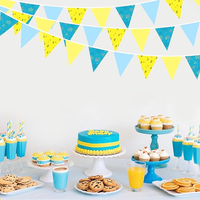 32Ft Cartoon Sponge Party Decorations Yellow Blue Flowers and Bubble Printed Triangle Flag Pennant Banner Fabric Garland Streamer for Kids Sponge Birthday Crtoon Baby Shower Party Decor