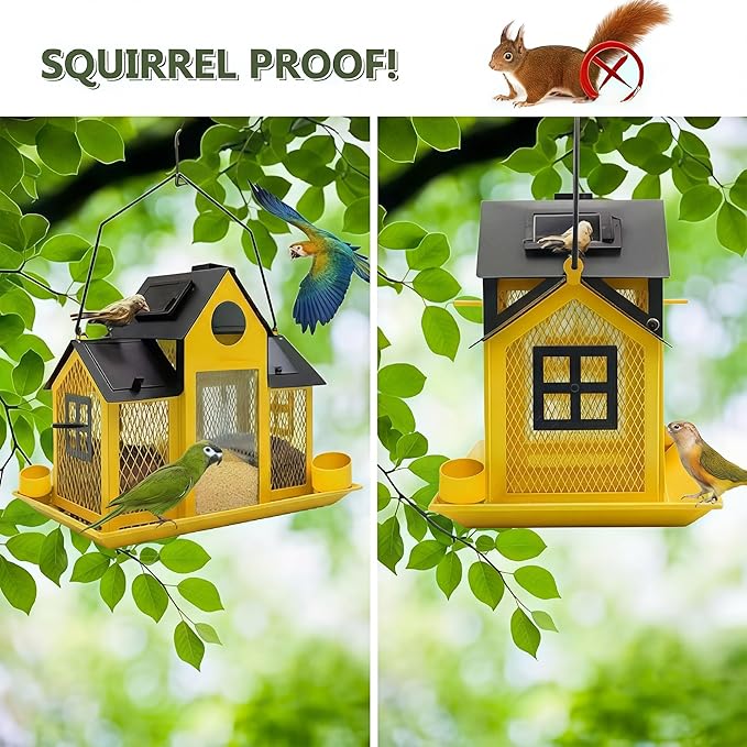 Solar Bird Feeders House for Outside Hanging, Metal Wild Bird Feeder for Outdoors Large Capacity Cardinal Birdfeeder Birdhouses Metal Bird Feeding Station Yellow