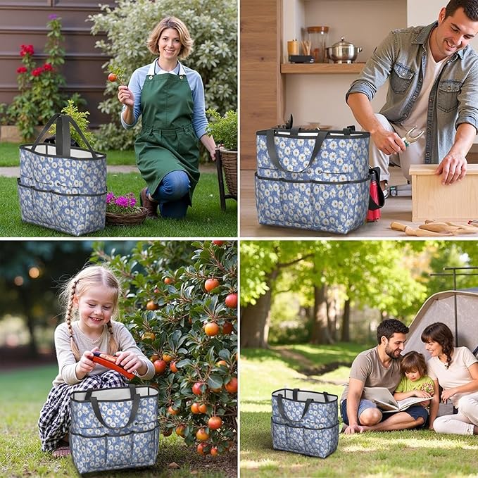 Daisy Flowers Garden Tool Bag - Waterproof Garden Tote with 8 Pockets, Large Storage Home Organizer Gardening Tool Oxford Bag for Garden Tools Kits Holder, Ideal Outdoor Gardening Gift for Women & Men