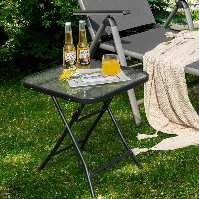 Giantex Folding Side Table, Square Small Patio Table, Tempered Glass Tabletop, Steel Frame, Weather-Resistant Outdoor Indoor Use for Bistro Porch Garden Balcony 18"x18"x18.5"