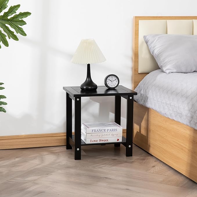 VICTORY RELAX Solid Acacia Wood Side Table with 2-Tier Storage, Weather-Resistant Outdoor Indoor End Table, Black Rustic Color Night Stand