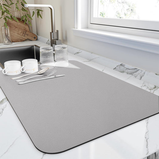 Dish Drying Mat for Kitchen Counter, Heat Resistant Drainer Mats with Non-slip Rubber Backed, Hide Stain Kitchen Super Absorbent Draining Mat, Easy to Clean Dish Rack Pad, Grey 18"x32"