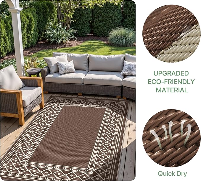 GENIMO Outdoor Rug Waterproof for Patio, 8'x10' Foldable Reversible Plastic Straw Carpet for Travel Trailers, Outside Area Mat for Rv, Deck, Picnic, Porch, Camper, Balcony, Beach, Coffee & Beige