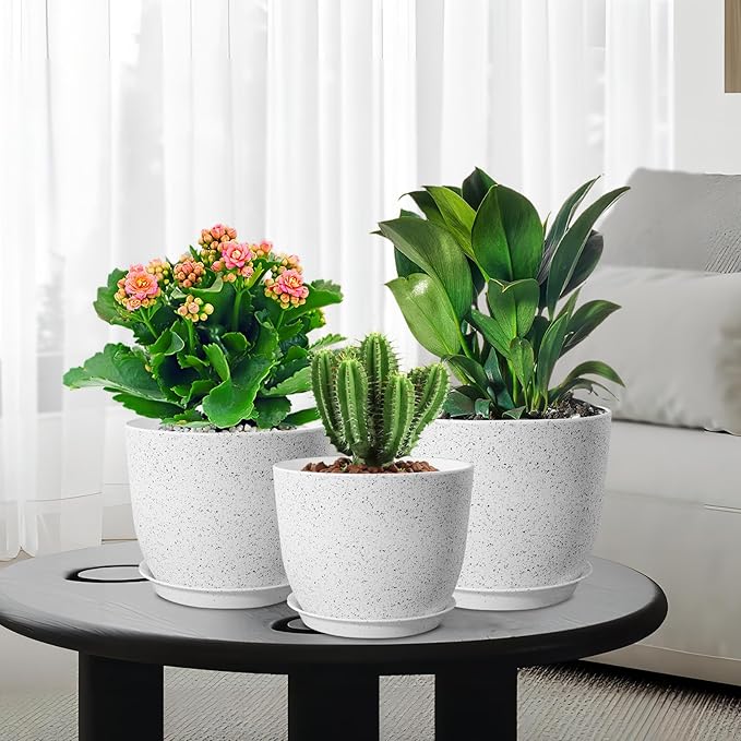 10/9/8 inch Medium Plant Pots, Set of 3 Modern Decorative Plastic Planters with Drainage Holes and Saucers for Garden House Plants, Flower Pots for Indoor Outdoor Plants, Speckled White