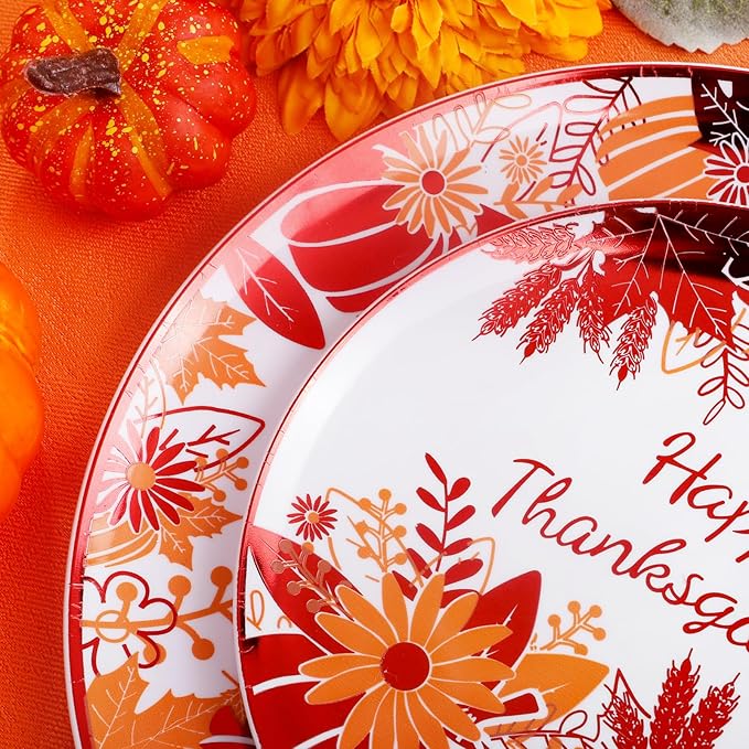 Rubtlamp 60PCS Thanksgiving Plastic Plates, White Orange Pumpkin Plates, Red Disposable Plates with Maple Leaves, Fall Disposable Plates Include 30 Dinner Plates, 30 Salad Plates For Thanksgiving