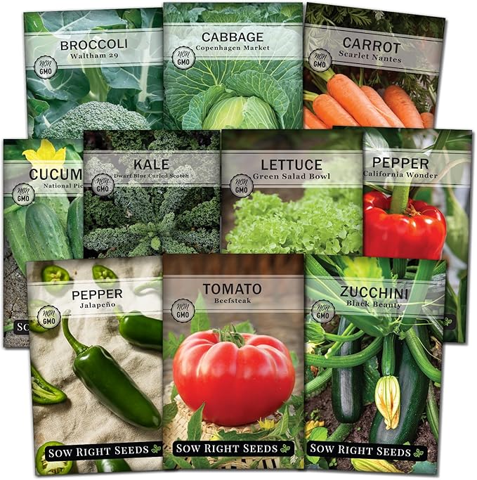 Sow Right Seeds - Classic Vegetable Garden Seed Collection for Planting - Non-GMO Heirloom Broccoli, Cabbage, Carrot, Cucumber, Kale, Lettuce, Tomato, Peppers, Zucchini, and More