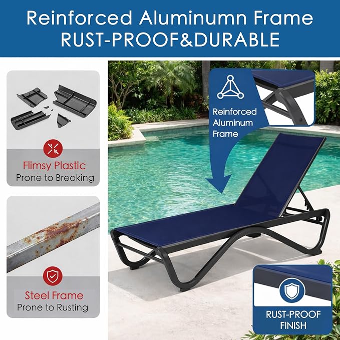 Kozyard Outdoor Chaise Lounge Chair, All Aluminum Frame and Textilene Fabric, Fully Flat Adjustable Reclining Patio Lounger for Poolside, Sunbathing & Backyard (NavyBlue, 2Chairs + Table)