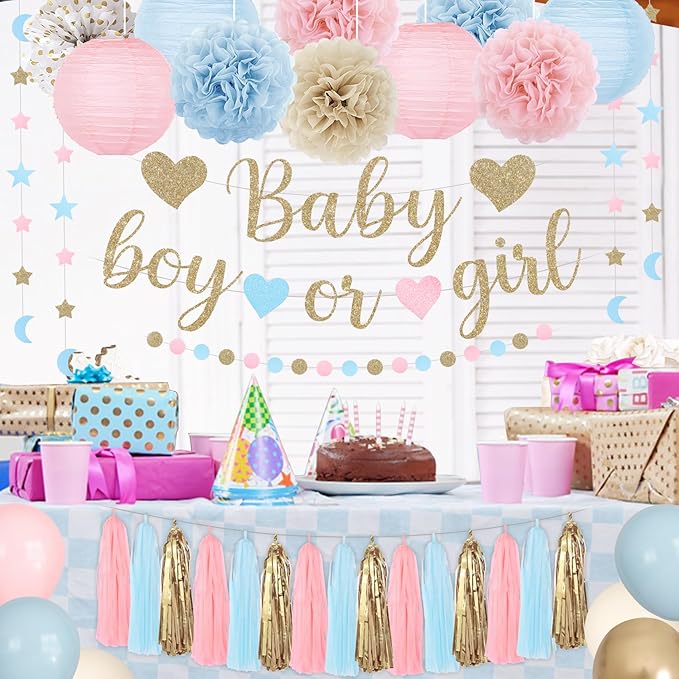 Ouddy Party Baby Gender Reveal Decorations, Pink Blue Sand White Balloons Glitter Boy or Girl Banner Moon Star Circle Garland Paper Tassels Lanterns for Boho Gender Reveal Birthday Party Supplies