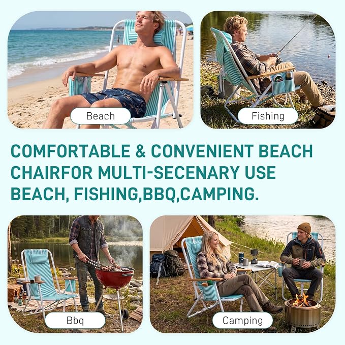 Outvita Folding Beach Chair, 4 Position Adjustable Reclining Lounge Chair with Padded Headrest, Large Rear & Side Storage Pockets, Lightweight Portable Outdoor Chair for Beach Pool Garden BBQ
