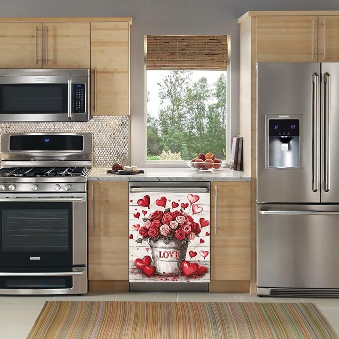 Rose Bouquets Magnet Dishwasher Decoration Cover for The Front, Vintage Country Flowers Magnetic Refrigerator Cover Skin Panel, Love Balloons Vinyl Dishwasher Sticker 23x26 inch Magnetic