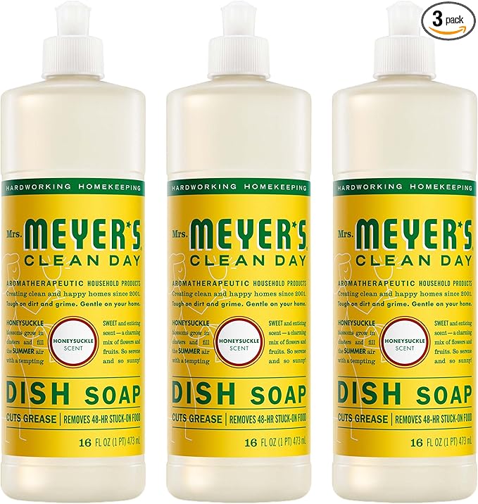 MRS. MEYER'S CLEAN DAY Liquid Dish Soap, Honeysuckle Scent, 16 Fl Oz Bottle - 3 Pack