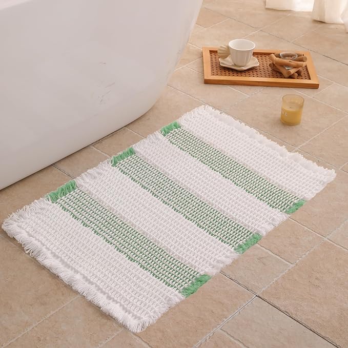 Waffle Bath Mat Non Slip, Boho Bathroom Rug, Super Absorbent Quick Dry Bathroom Mat, Soft Farmhouse Bath Rug with Tassels, Small Washable Shower Mats for Floor 16"x24", White and Green