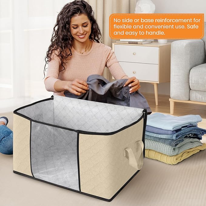 Fab totes 6 Pack Clothes Storage, Foldable Thick Fabric Blanket Storage Bags, Containers for Organizing Bedroom, Closet, Clothing, Comforter, Organization with Handle,Beige