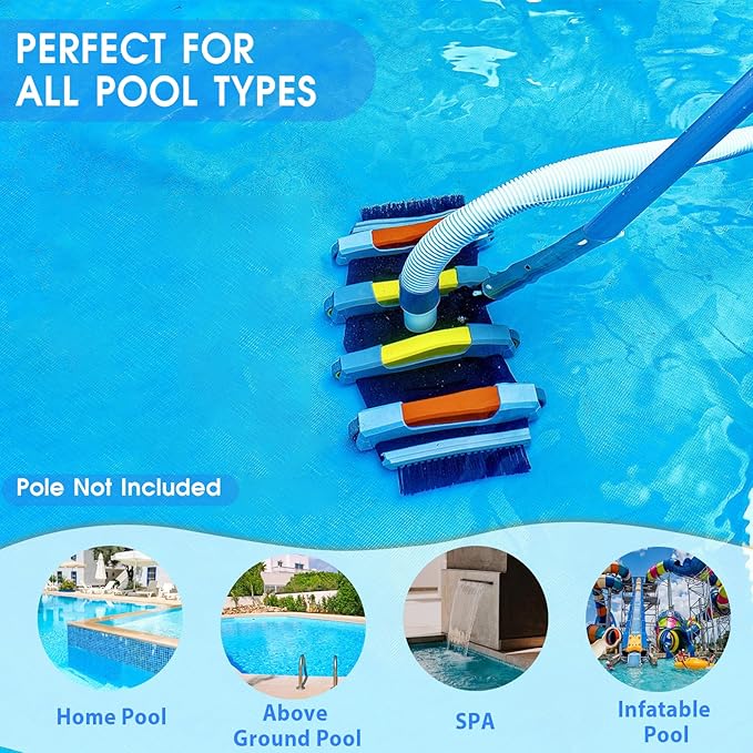 Heavy Duty Pool Vacuum Head with Side Brush Aluminum Swivel Handle & Wheels Professional Weighted Swimming Pool Vac for Vinyl Liner Cleaner Heads for Inground & Above Ground Pool