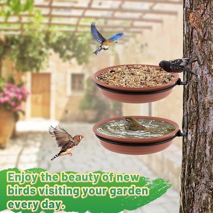 Fence Bird Feeders Tray - 2pcs Tree Mounted Wild Bird Bath for Outdoors Place Food Water, Installed on Wooden Deck Fence with Heavy Duty Iron Ring, 8.3'' Dia. (Brown)
