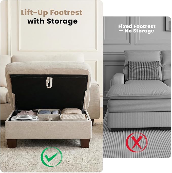 DOPEDIO L-Shaped Sectional Sofa with Storage Ottoman, Modern Chenille Recliner Loveseat, Removable Couch Covers, Pocket Spring Cushions, Solid Wood Frame, Easy to Install (88.58inch, Beige)