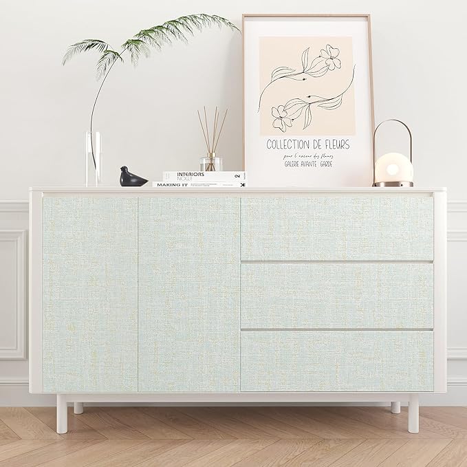 VEELIKE Blue Gold Grasscloth Peel and Stick Wallpaper 15.7''x118''