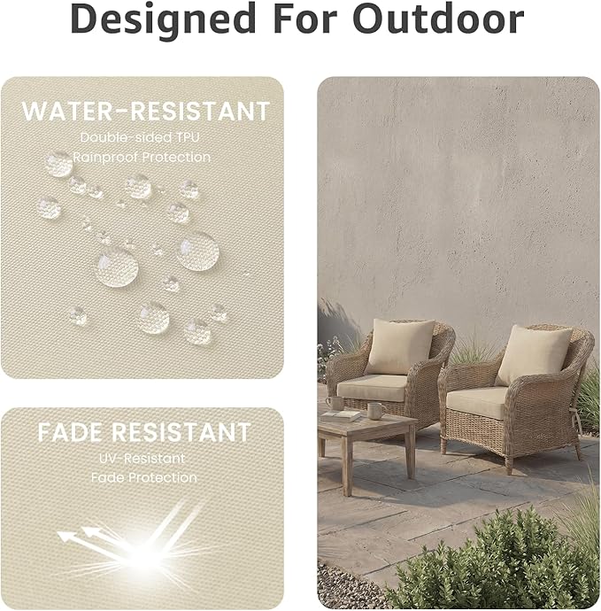 PatioGlow Outdoor Seat Cushion Set, 22" x 22" x 3.5", Set of 2, Water-Resistant & Fadeness Patio Furniture Cushions with Removable Cover & Ties, Thick Deep Seating Pads for Outside Sofa Couch, Khaki