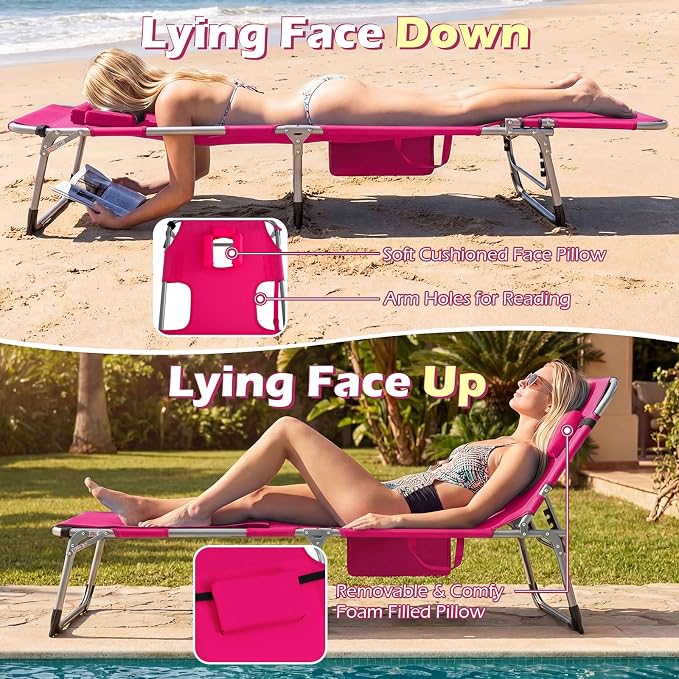 GYMAX Tanning Chair, 330LBS Beach Lounge Chair with Face Arm Hole & Hand Shoulder Strap, Folding Layout Sunbathing Chair, Face Down Outdoor Chaise Lounger for Patio, Poolside, Lawn, Backyard (2, Pink)