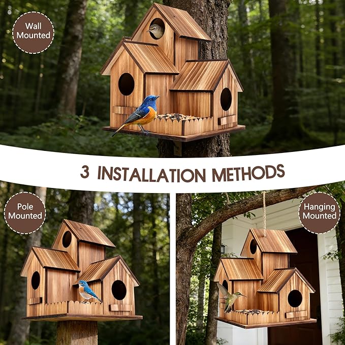 Bird Houses for Outside, Outdoor 3-Hole Large Birdhouse Bird Feeder for Bluebirds, Finches, Cardinals and Yellow Finches, Wooden Hanging Edible Wild Bird Nest Garden Decorative