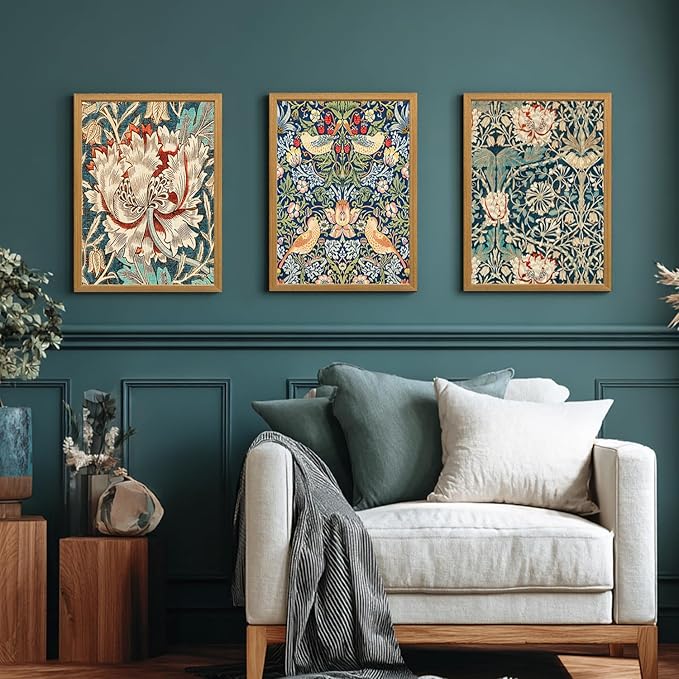 FASWQ Wood Framed William Morris Wall Art, Nouveau Vintage Botanical Wall Decor, Retro Intricate Floral Animal Canvas Painting, Retro Natural Flower Bird Poster Print for Living Room Bedroom 16"x24"x3
