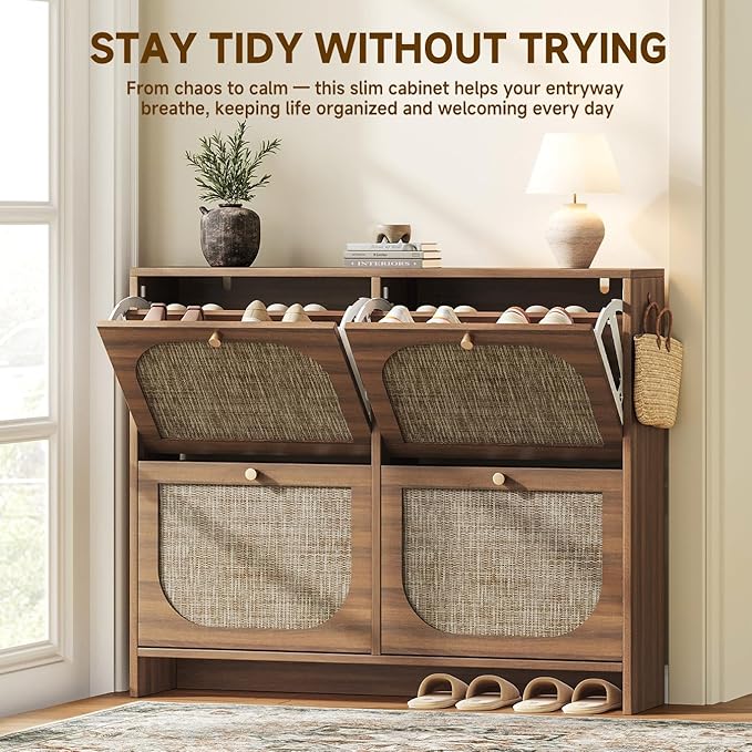 Nicetree Freestanding Ultra Slim Arched Rattan Accent Shoe Storage Cabinet for Entryway - 4 Flip Drawers & 3-Tier Adjustable Shelves, Farmhouse Modern Rustic Shoe Rack for Hallway, Foyer Oak