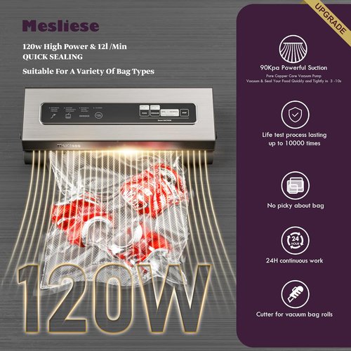 Mesliese Vacuum Sealer Machine - Powerful 90Kpa Food Preservation System | 6-in-1 Compact Design, Silver