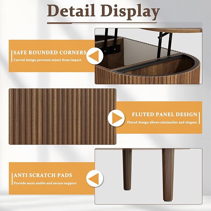 EAG Fluted Lift Top Coffee Table with Hidden Compartment, Modern Oval Coffee Table with Storage, Fully Wood Center Table for Living Room, Office, Walnut