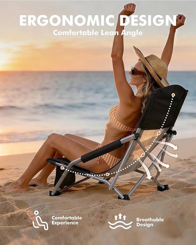 AKSOUL Folding Beach Chair for Adults: Low/High Back Chairs with Carry Bag - Extra Wide Seat Chair with Comfortable Pillow & Storage Pocket (1 Pack & 2 Pack, Blue)