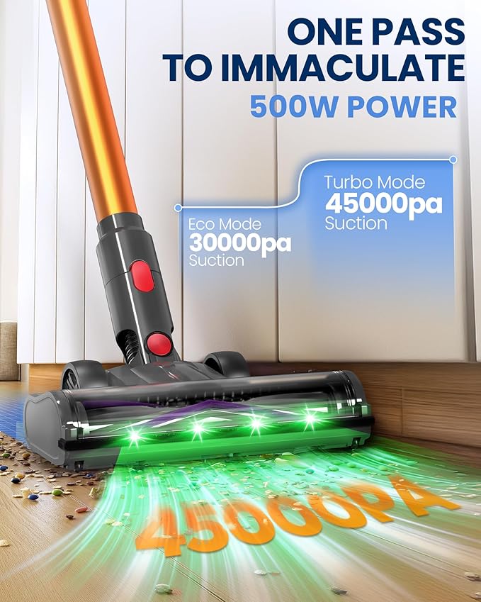Cordless Vacuum Cleaner, 500W/45KPA/40Mins Lightweight Stick Vacuum for Home, LED Display and Green Headlights, 6-Stages Filtration, Self-Standing Vacuum for Hard Floor, Carpet