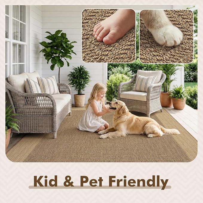 MontVoo-Outdoor Rug-Patio Rug 6x9 ft Polypropylene Indoor Outdoor Rugs Outdoor Carpet for Patio Deck Balcony Porch, Textured Weave, Durable for High Traffic, Fade-Resistant, Modern Neutral Brown
