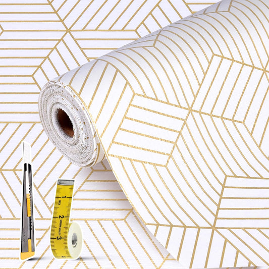 Shelf Liners for Kitchen Cabinets Non Adhesive Shelf Liner Paper Non-Slip Thickened Drawer Liner Easy to Clean for Tool Box Refrigerator with Knife and Tape Measure, Gold Geometric, 17.3 x 354.3 in