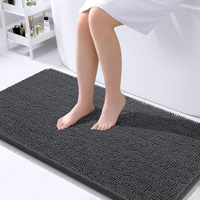 OLANLY Bathroom Rugs 45x27, Extra Soft Absorbent Chenille Bath Rugs, Rubber Backing Quick Dry, Machine Washable Bath Mats for Bathroom Floor, Tub and Shower, Home Decor Accessories, Dark Grey