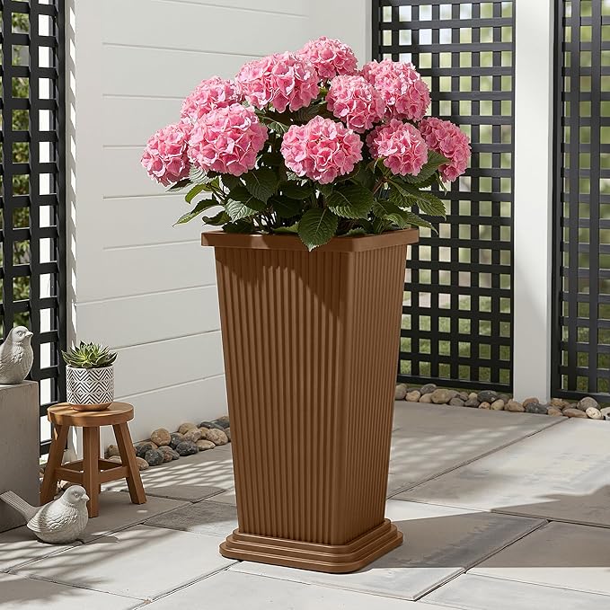 Set of 2 Large Planters for Outdoor Plants 24" Tall Tapered Modern Flower Pots with Drainage Tray for Garden, Patio, Porch (Brown Ribbed)