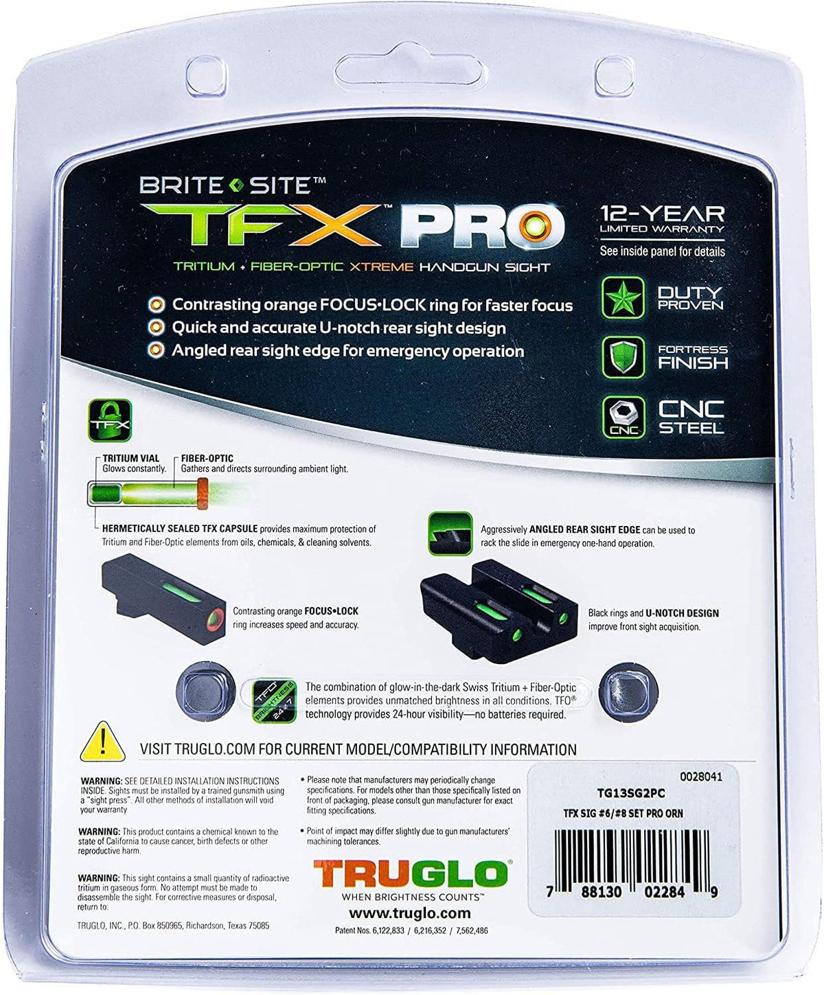 Truglo TFX PRO Night Sight for Handguns - Glowing Tritium & Fiber Optic, Compact & Durable