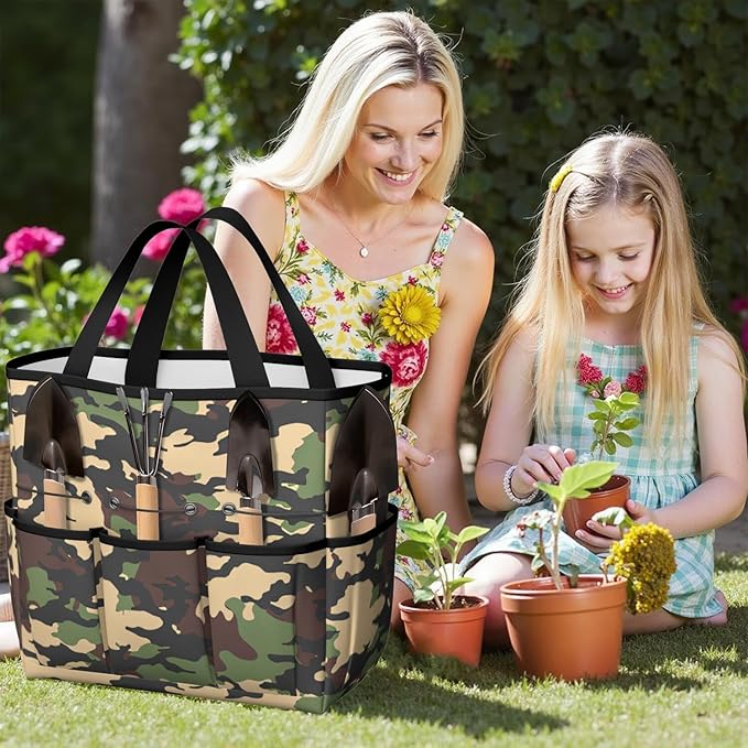 Green Camo Garden Tool Bag - Waterproof Garden Tote with 8 Pockets, Large Storage Home Organizer Gardening Tool Oxford Bag for Garden Tools Kits Holder, Ideal Outdoor Gardening Gift for Women & Men