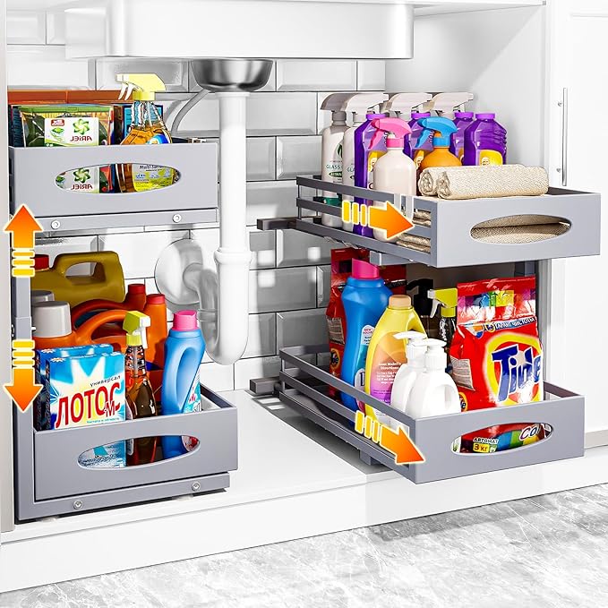 Under Sink Organizer, 2 Tier Under Sink Organizers and Storage, Adjustable Height, Slide out Metal Cabinet Organizers, Pull out Cabinet Storage Drawer Shelf for Kitchen Bathroom Gray 2Pack