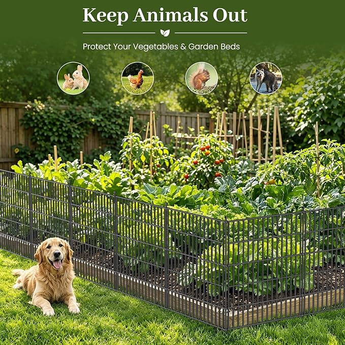5 Panels No Dig Decorative Outdoor Garden Fence with Gate for Yard, 32 in(H) X 11.8 ft(L) Animal Barrier Fencing Rustproof Metal Wire Panel Border for Dog, Rabbits, and Patio Temporary Ground Stakes