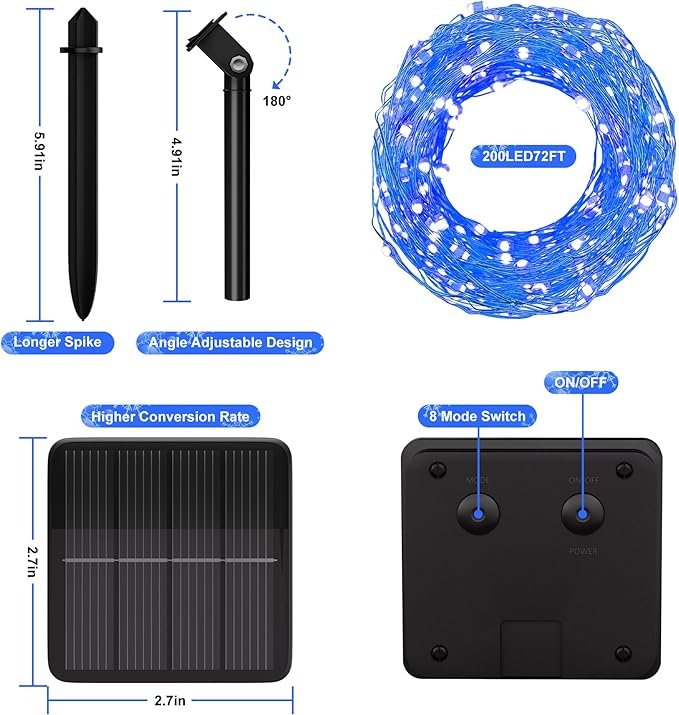 Selarlyt Solar String Lights for Outside, 72Ft 200 LED Solar Fairy Lights with 8 Modes, Solar Powered Fairy Lights Waterproof for Christmas Tree Garden Party Wedding Decor.（Blue）