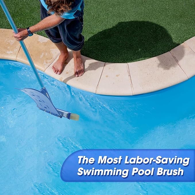 Pool Brush with Brush Tail for Cleaning Pool Walls Using Water Pressure, 18" Tough Plastic Bristles Pool Brush Head with EZ Clips Fit Most Poles (Pole not Included)