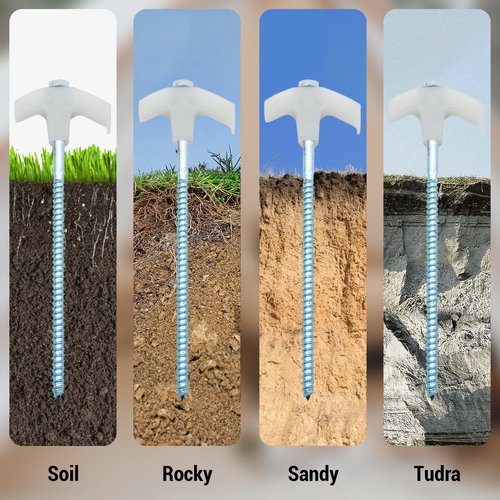 Keovoker 4 Pack Tent Stakes-8” Drill in Heavy Duty Ground Pegs, Screw in Camping Stake with Hex Head Driver, Spikes Puller, Protector in a Carrying Bag, for Hiking, Hammocks, Glow in Dark