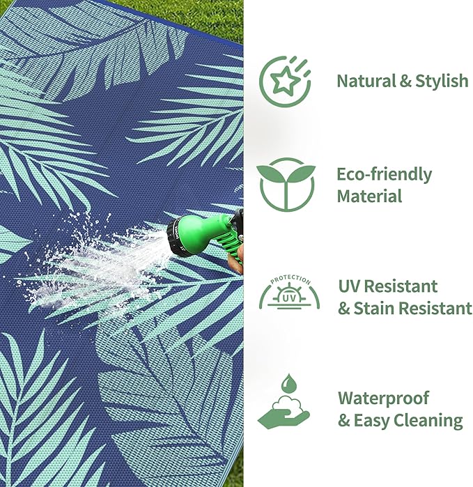 GENIMO Outdoor Rug 6' x 9' Waterproof for Patios Clearance, Reversible Outdoor Plastic Straw Camping Rug Carpet, Large Area Rugs Mats for RV, Camper, Deck, Balcony, Porch, Beach, Royal Blue&Blue Green